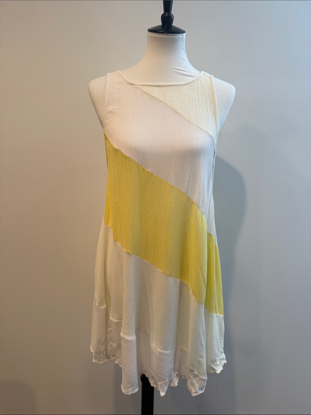Free People White and Yellow Sleeveless Diagonal Panel Dress